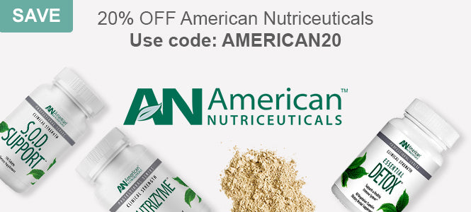American Nutriceuticals supplement bottles with a promotional message on a white background