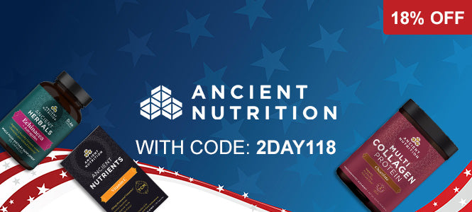 Promotional banner for Ancient Nutrition featuring three supplement products on a blue background with white stars and red-and-white curved stripes. Visible products include a dark green herbal supplement bottle, a black powder box labeled Nutrients, and a magenta collagen powder tub.