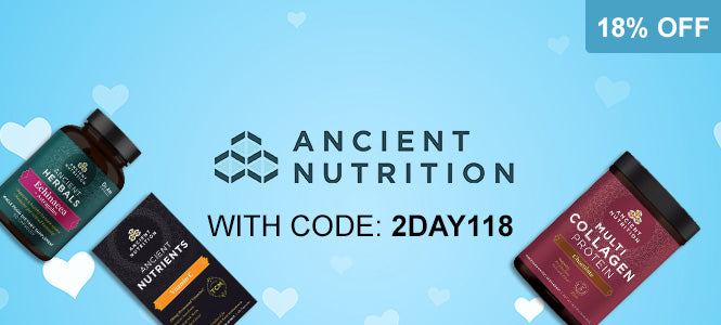 Ancient Nutrition products with a promotional code on a blue background