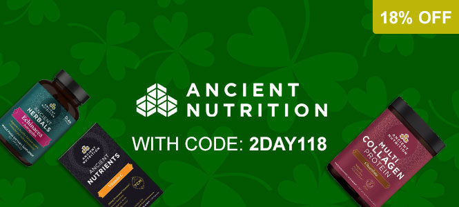 Ancient Nutrition products with a promotional code on a green background