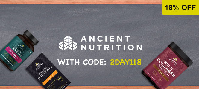 Ancient Nutrition supplement bottles on a chalkboard background with promotional text.