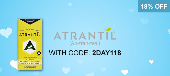 Atrantil supplement package with promotional text on a blue background