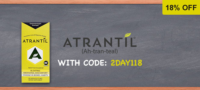 Atrantil packaging with a discount code on a chalkboard background