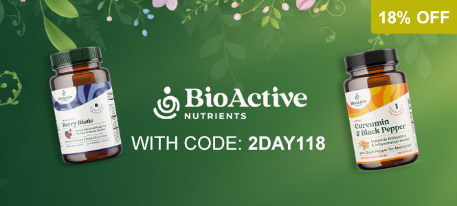 BioActive Nutrients supplement bottles with a promotional code on a green background