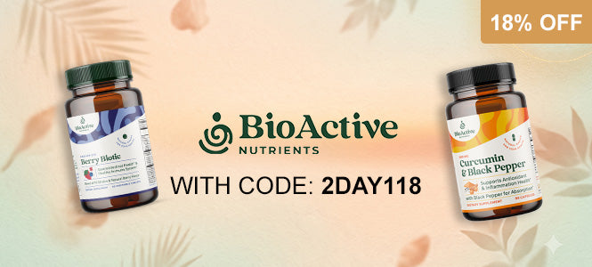 Promotional banner for BioActive Nutrients featuring two supplement bottles, Berry Ubiquin and Curcumin + Black Pepper, with a central logo and text reading 'WITH CODE: 2DAY118' and an '18% OFF' badge on a soft peach background with leaf motifs.