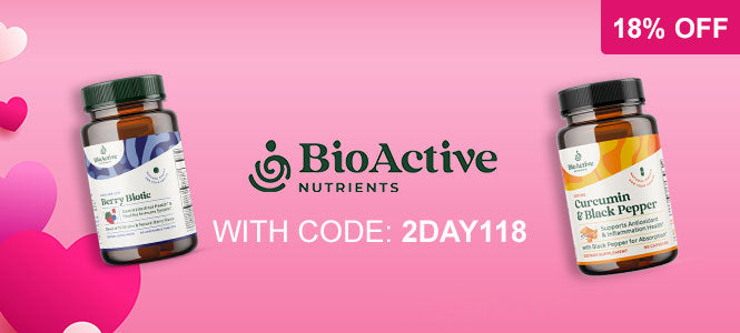 BioActive Nutrients supplement bottles on a pink background with promotional text.