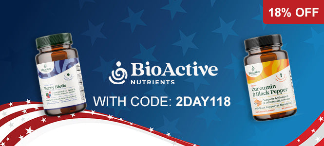 Promotional banner for BioActive Nutrients featuring two supplement bottles on a blue background with white stars and red-and-white curved stripes. The center text reads 'BioActive NUTRIENTS WITH CODE: 2DAY118' and a red corner badge says '18% OFF'.