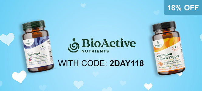 Two bottles of BioActive Nutrients on a blue background with promotional text.