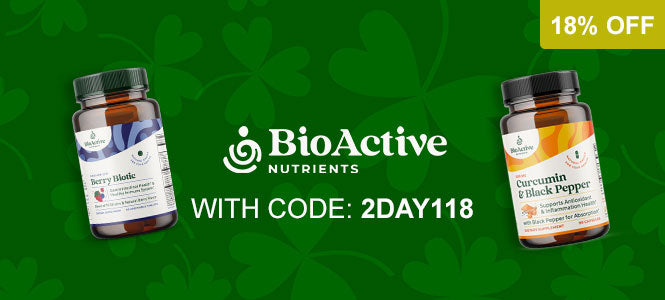 BioActive Nutrients supplement bottles with a discount code on a green background