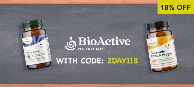 BioActive Nutrients supplement bottles on a chalkboard background with promotional text.