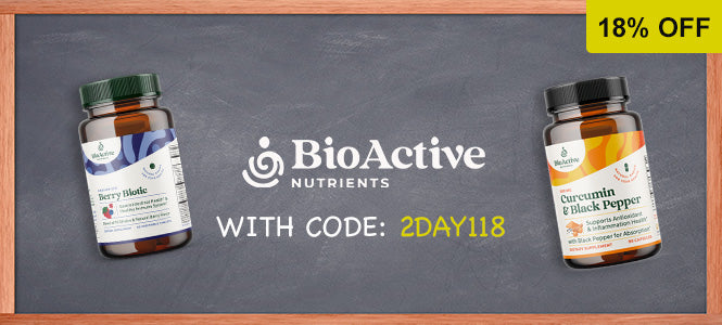 Promotional banner for BioActive Nutrients showing two supplement bottles on a dark chalkboard-style background with a yellow '18% OFF' corner sticker. The center reads 'WITH CODE: 2DAY118'.