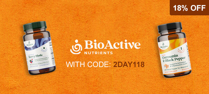 Promotional banner for BioActive Nutrients showing two supplement bottles on an orange textured background with an '18% OFF' badge. The left bottle is Berry Hibiscus, and the right bottle is Curcumin & Black Pepper.