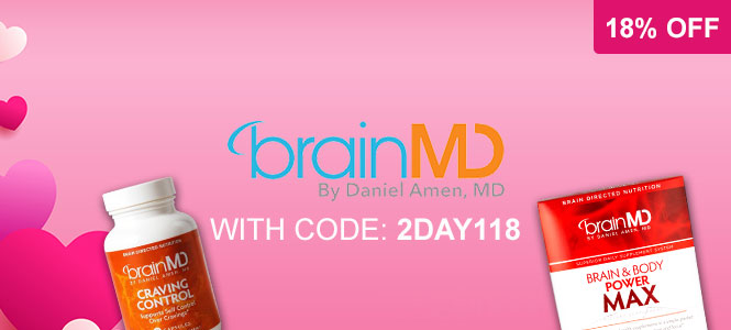 brainMD supplement bottles on a pink background with promotional text.