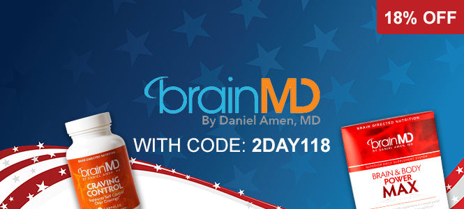 BrainMD supplement promotional banner with a white bottle labeled 'Craving Control' on the left, a red-and-white box labeled 'Brain & Body Power Max' on the right, and a red '18% OFF' badge on a blue background with star graphics and the text 'brainMD By Daniel Amen, MD WITH CODE: 2DAY118'.