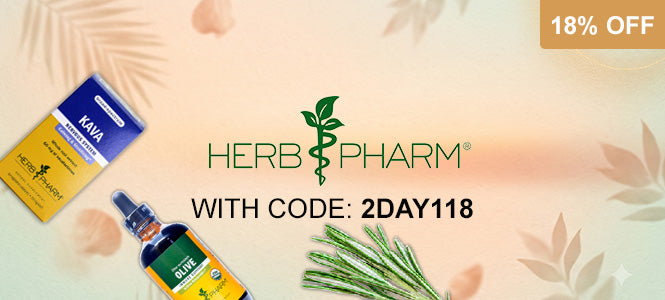 Promotional banner for Herbpharm products featuring a yellow and blue Nava box, a green and blue dropper bottle, and green herb sprigs on a soft peach background with the text 'HERBPHARM WITH CODE: 2DAY118' and an '18% OFF' badge.