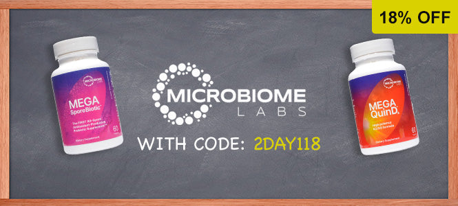 Promotional graphic for Microbiome Labs showing two supplement bottles labeled Mega Sporeliotic on a chalkboard-style background with a yellow '18% OFF' banner. Center text reads 'MICROBIOME LABS WITH CODE: 2DAY118'.