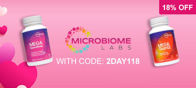 Two bottles of Mega QuinD with Microbiome Labs logo and promotional text on a pink background