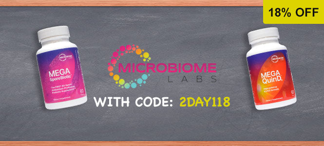 Two bottles of Mega QuintD supplements on a chalkboard background with Microbiome Labs branding and an 18% off discount code.