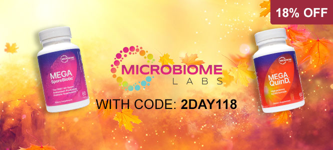 Two bottles of Mega QuinD from Microbiome Labs on a colorful background with a discount offer.