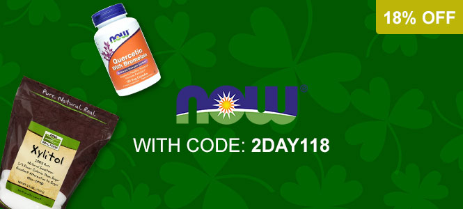 NOW Foods supplement products on a green background with shamrock patterns and an 18% off discount code.