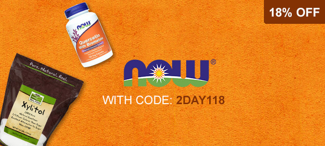 Promotional banner on an orange textured background featuring a NOW brand supplement bottle labeled Glucosamine Supplement and a dark brown pouch of Xylitol. Text reads 'NOW WITH CODE: 2DAY118' and '18% OFF'.
