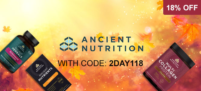 Ancient Nutrition products with a promotional banner on a colorful background