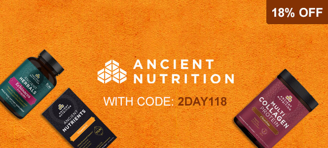 Promotional banner for Ancient Nutrition featuring three supplement products on an orange textured background with a dark orange '18% OFF' corner. The products include a teal bottle of Collagen Herbal Supplement, a black pouch of Nutrients, and a purple jar of Multi Collagen Protein.