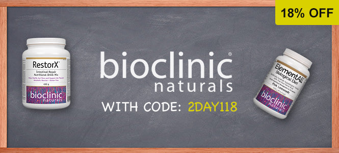 Promotional banner for bioclinic naturals showing two supplement bottles on a dark chalkboard-style background with a yellow '18% OFF' corner label. The center reads 'bioclinic naturals WITH CODE: 2DAY118'.