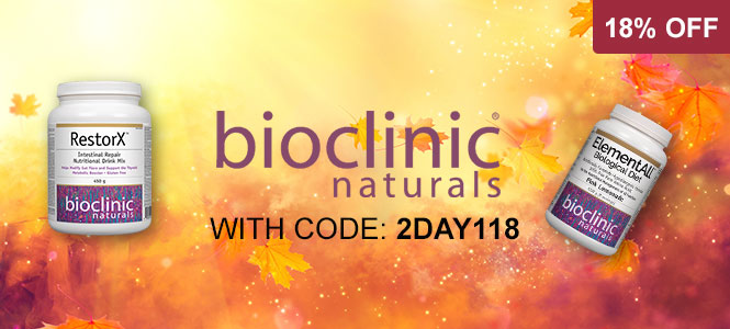 Bioclinic Naturals supplement bottles with a promotional banner on a colorful background