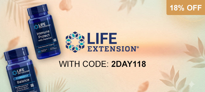 Promotional banner for Life Extension supplements showing two blue supplement bottles on a warm beige background with decorative leaf silhouettes, plus text reading '18% OFF' and 'WITH CODE: 2DAY118'.