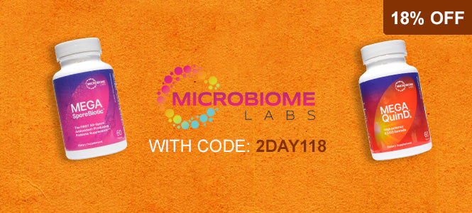 Two white supplement bottles labeled MEGA Probiotic by Microbiome Labs on an orange textured background, with a black '18% OFF' banner in the top right and the text 'WITH CODE: 2DAY118' below the center Microbiome Labs logo.