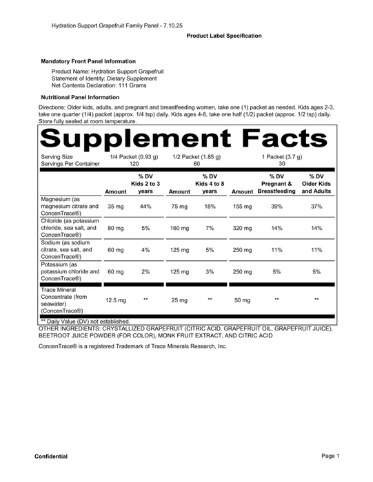 Needed Hydration Support Grapefruit supplement facts panel