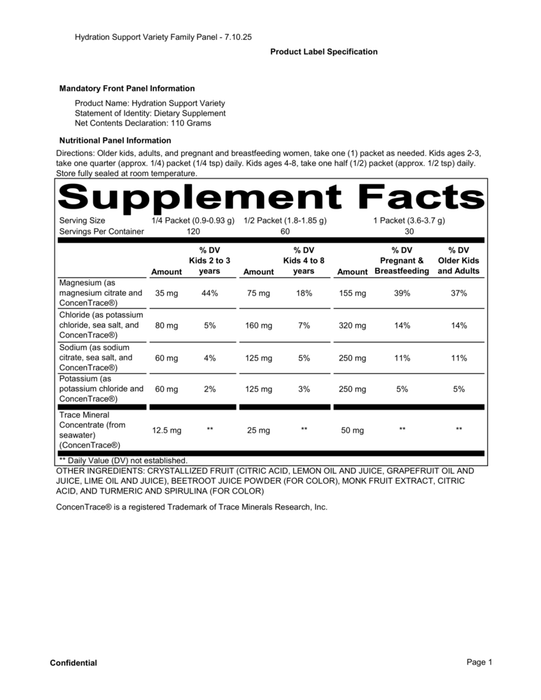 Hydration Support Variety Pack by Needed – Supplement facts showing Sodium, Potassium, and Magnesium electrolyte content per packet