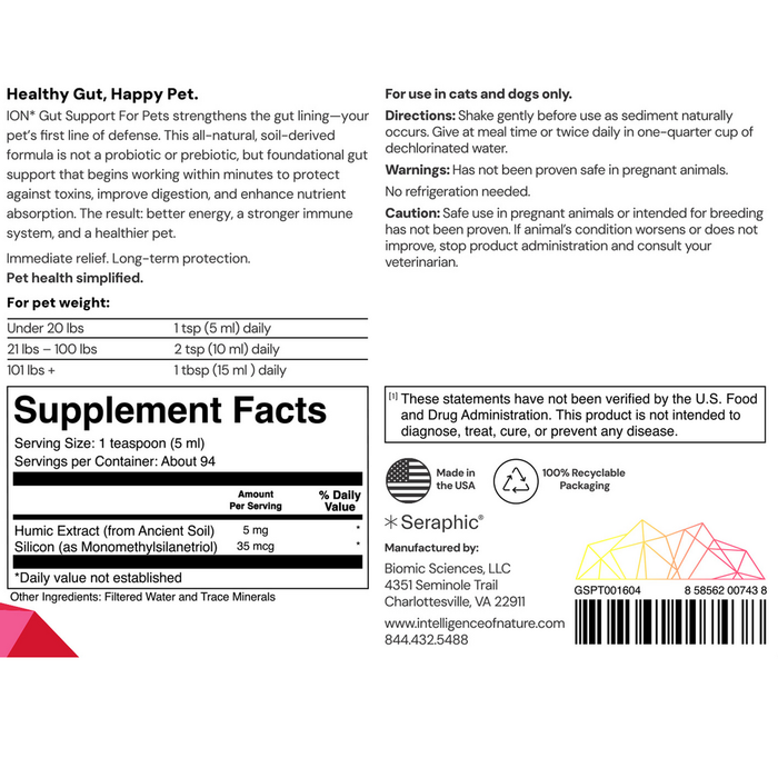 ION Gut Support For Pets by Intelligence of Nature 16 fl oz supplement facts label