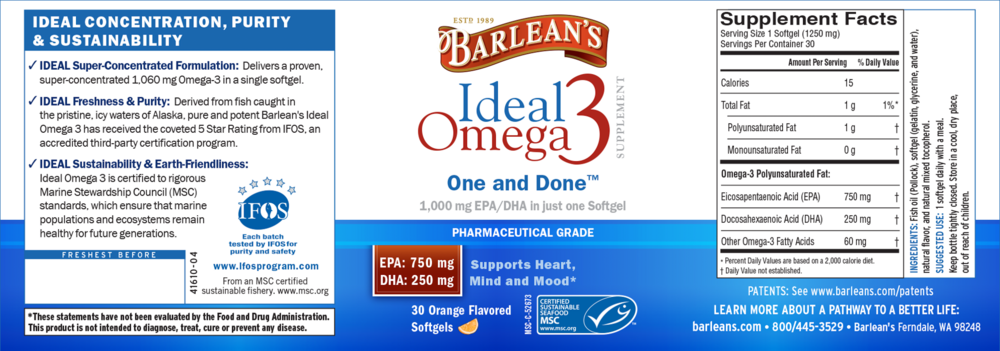 Ideal Omega3 by Barlean's Organic Oils 30 Softgels recommendations and supplement facts label