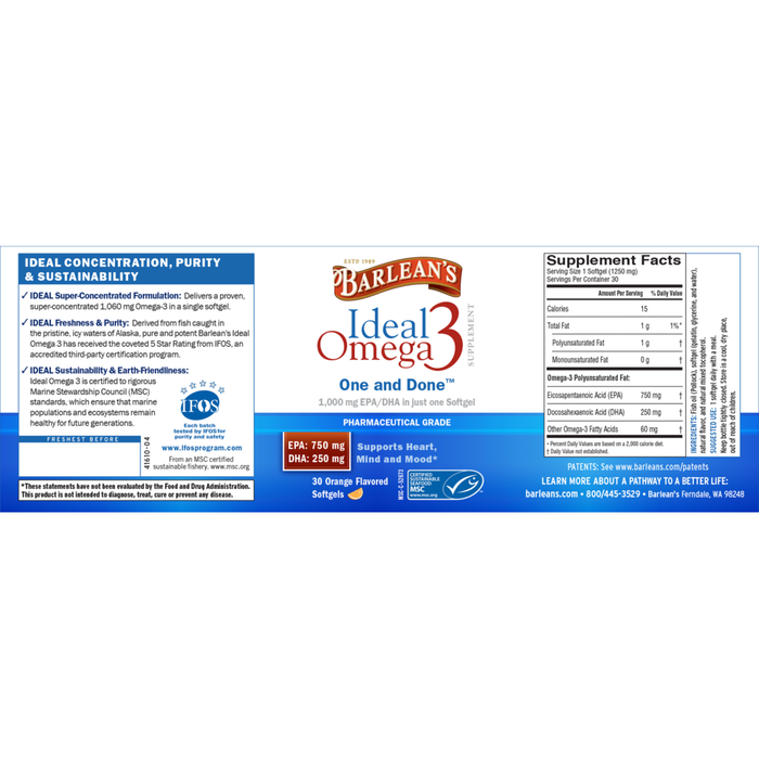 Ideal Omega3 by Barlean's Organic Oils 30 Softgels recommendations and supplement facts label