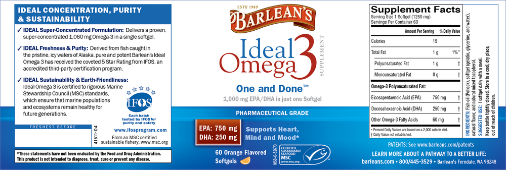 Ideal Omega3 by Barlean's Organic Oils 60 Softgels recommendations and supplement facts label