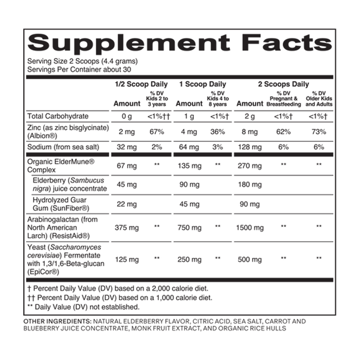 Needed Immune Support powder with elderberry, zinc & prebiotics for whole-family immune health - Supplement Facts