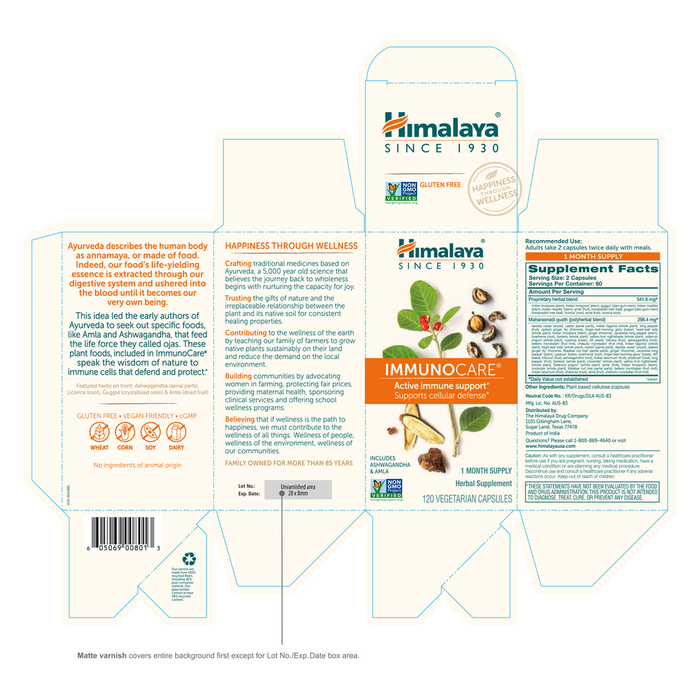 ImmunoCare 120 Capsules by Himalayan Wellness information label 
