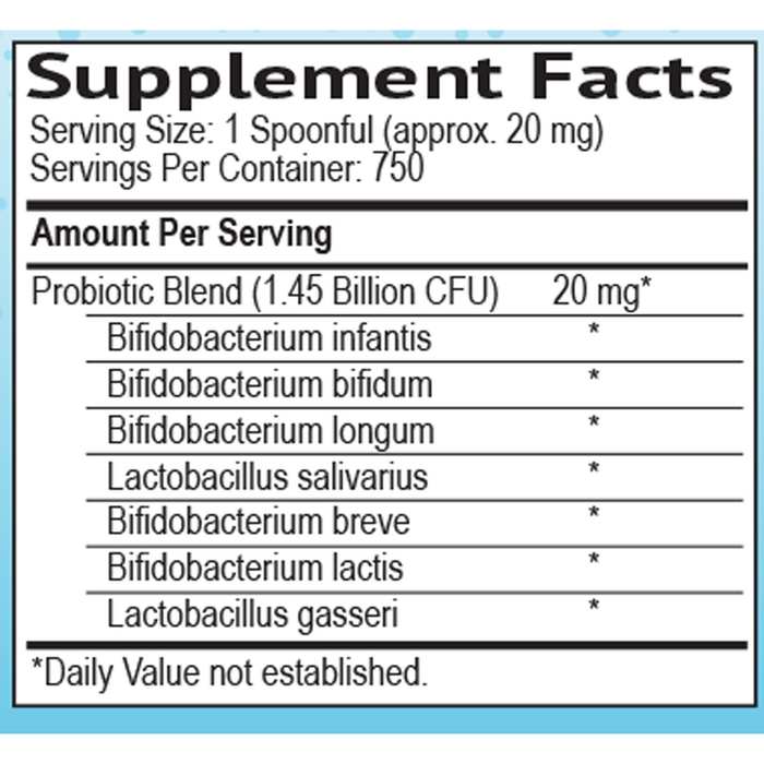 Smidge Infant Probiotic Powder – Supplement Facts panel showing serving size and strain information