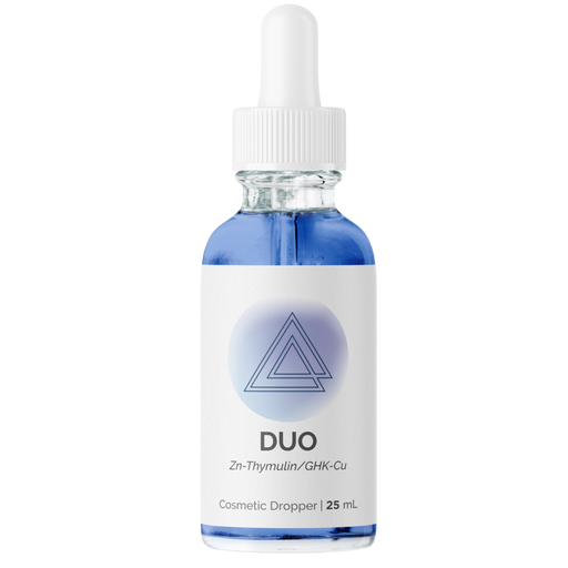 Supplement container labeled 'DUO' with a white lid on a white background