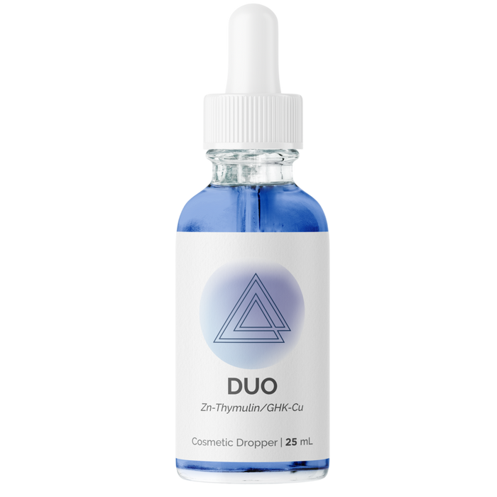 Supplement container labeled 'DUO' with a white lid on a white background