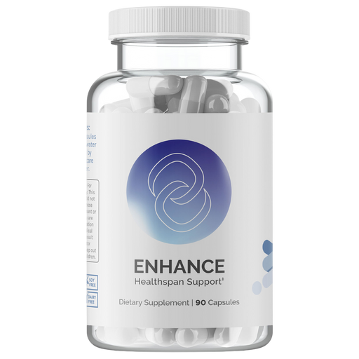 Supplement container labeled 'Encahnce' with a white lid on a white background