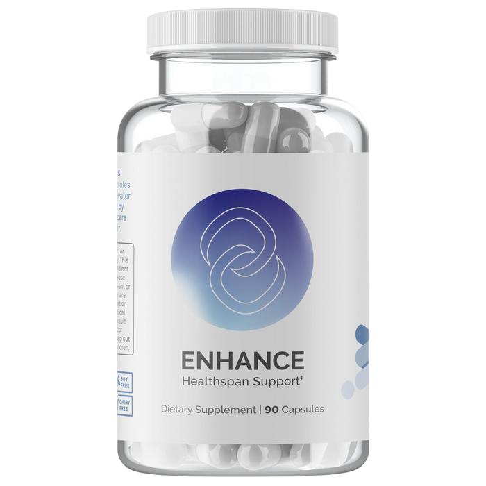 Supplement container labeled 'Encahnce' with a white lid on a white background