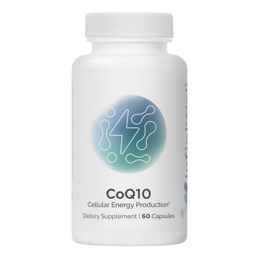 Supplement bottle labeled CoQ10 with a white lid and white and blue background 