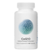 Supplement bottle labeled CoQ10 with a white lid and white and blue background 