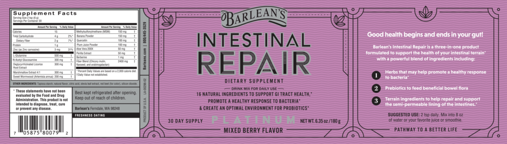 Intestinal Repair Mixed Berry 180 grams by Barlean's Organic Oils recommendations label