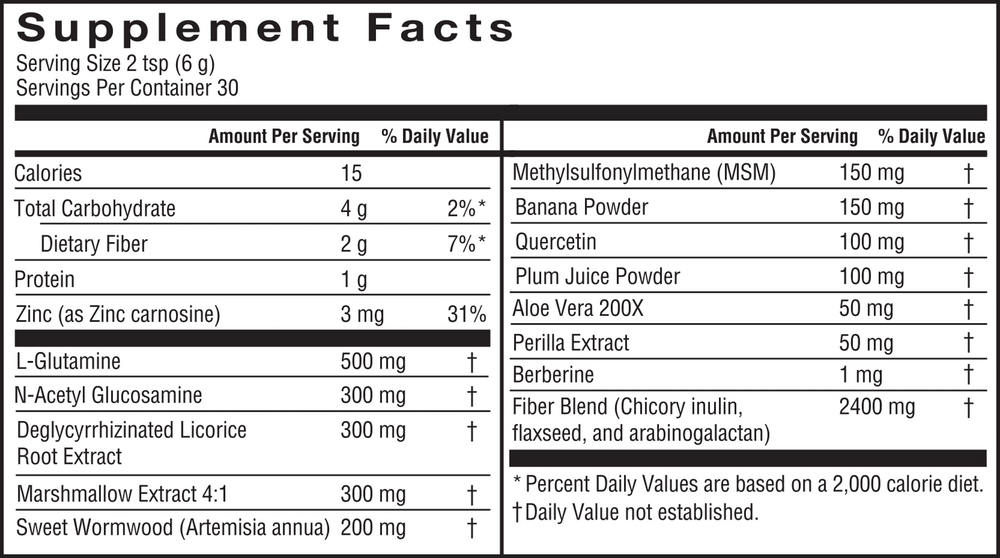 Intestinal Repair Mixed Berry 180 grams by Barlean's Organic Oils supplement facts label