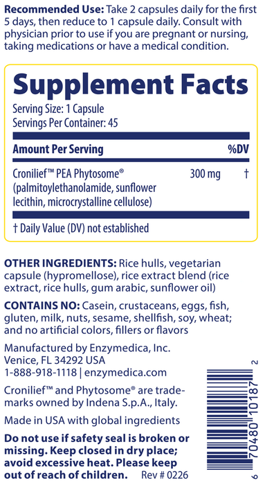 Joint & Muscle with PEA Phytosome 60 Capsules by Enzymedica supplement facts label 