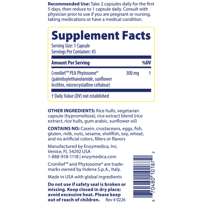 Joint & Muscle with PEA Phytosome 60 Capsules by Enzymedica supplement facts label 